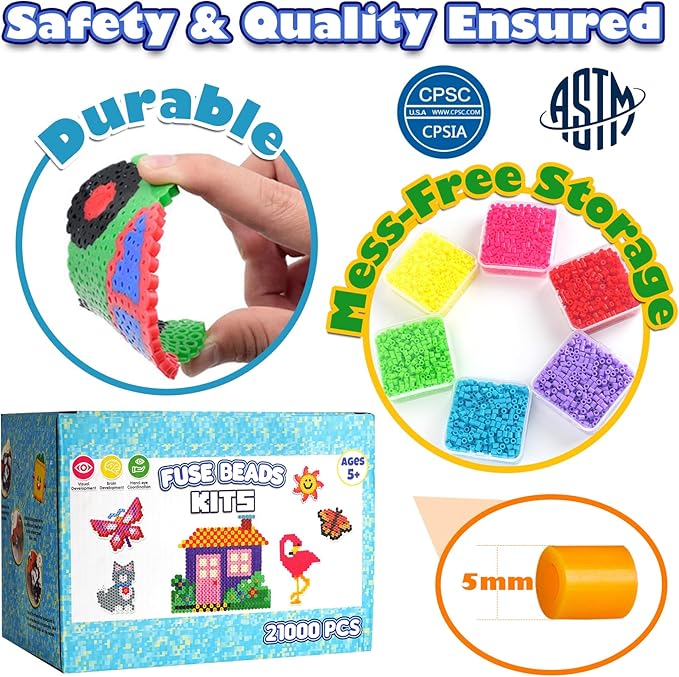 FUNZBO 21000 5mm Fuse Beads Kit - 26 Colors Individual Pack, Christmas Homeschool Arts and Crafts Supplies for Kids, Toys Set, Art Decorations for Room, Toys Gifts for Girls and Boys Age 5+