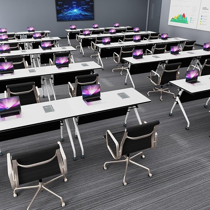 Conference Table, Folding Conference Room Tables, Mobile Training Tables with Silent Wheels, Large Rectangular Modular Seminar Table Office Computer Desks for Classroom White (2Pack L63in)