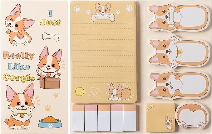 Xqumoi I Just Really Like Corgis Sticky Notes Set, 550 Sheets, Cute Cartoon Corgis Butt Self-Stick Notes Pads Animal Divider Tabs Bundle Writing Memo Pads Back to School Office Supplies Small Gift