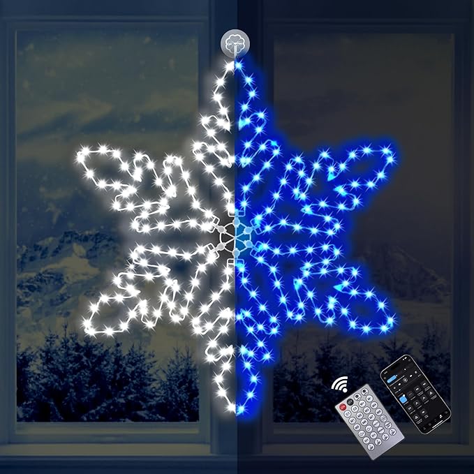 Led Snowflake Lights Outdoor, 36" 219 LED Smart Blue White Snowflake Christmas Lights with APP Remote Control Timer Music Sync, Metal Frame & Removable for Christmas Window Decorations