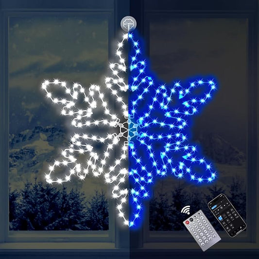 Led Snowflake Lights Outdoor, 36" 219 LED Smart Blue White Snowflake Christmas Lights with APP Remote Control Timer Music Sync, Metal Frame & Removable for Christmas Window Decorations