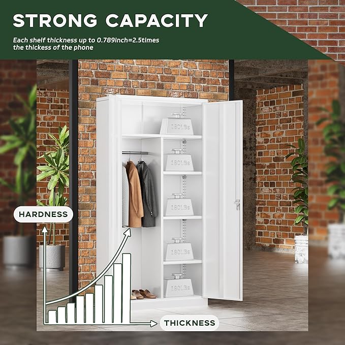 Greenvelly Metal Wardrobe Cabinet with Locking Doors, 72"H White Metal Wardrobe Closet with Hanging Rods and Adjustable Shelves, Clothing Storage Closet for Home, Office, Employee, Gym (16" D x 32" W)