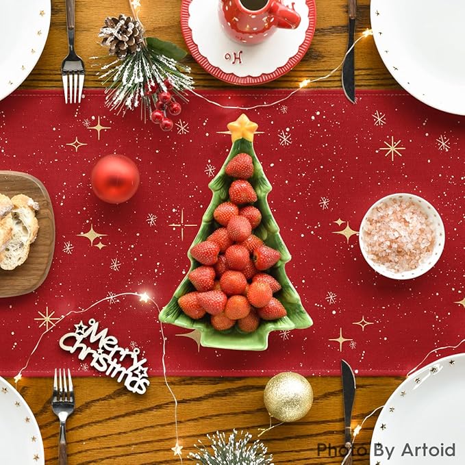 Artoid Mode Xmas Trees Merry Christmas Table Runner, Seasonal Winter Red Kitchen Dining Table Decoration for Home Party Decor 13x120 Inch