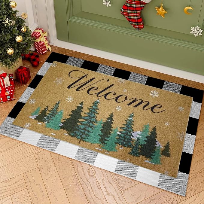 2 Pcs Christmas Welcome Doormats 30 x 17 Inch Christmas Pine Coir Door Mats for Front Doors Nonslip 2-in-1 Seasonal Buffalo Plaid Rug for Holiday Outside Entrance Porch Home Decor
