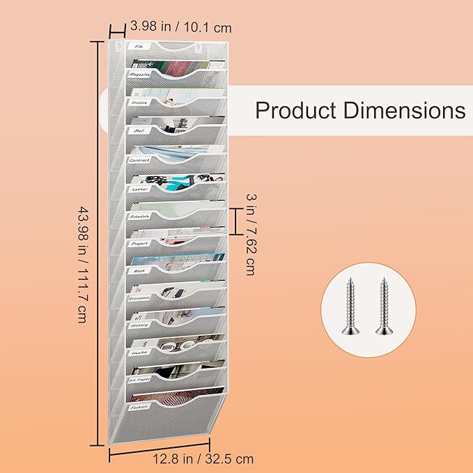 14 Tier Hanging Wall File Holder, Metal A4 Wall Mounted Document Holder, Vertical Hanging Mail Organizer, Magazine Storage Rack with Tray for Office Home Classroom, White