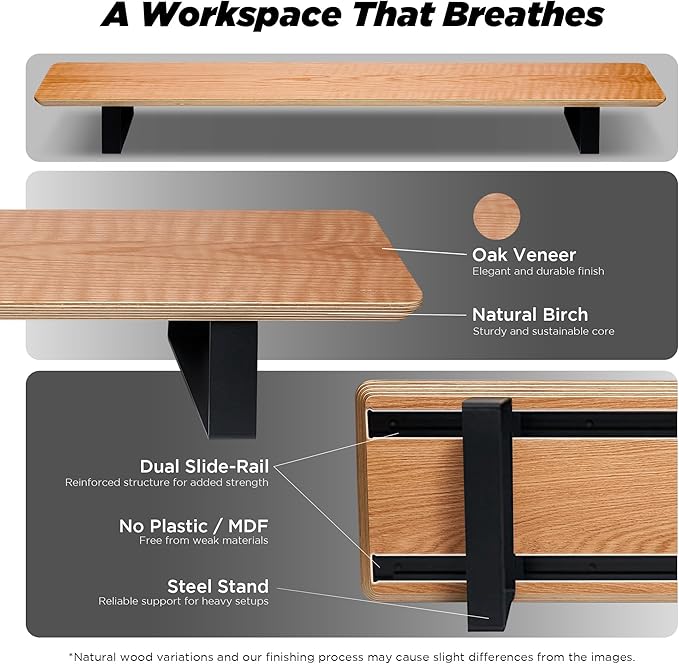 Moodular Wooden Monitor Stand 45.6” (116cm) Large Desk Organizer with Metal Slide Rails for Drawer, Tray, Laptop, Tablet, Phone & Headphones Customizable Riser for Organized Workspace Oak