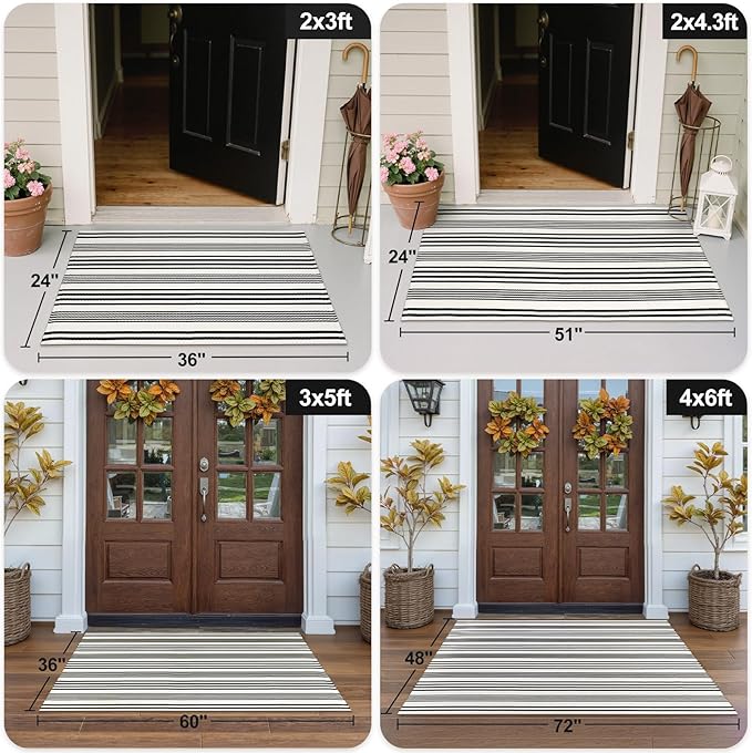 OJIA Black and White Outdoor Rug 2'x4.3', Christmas Door Mats Outdoor Cotton Woven Holiday Doormat Front Porch Rug Machine Washable Indoor Door Mat Entryway Striped Rugs for Farmhouse/Kitchen