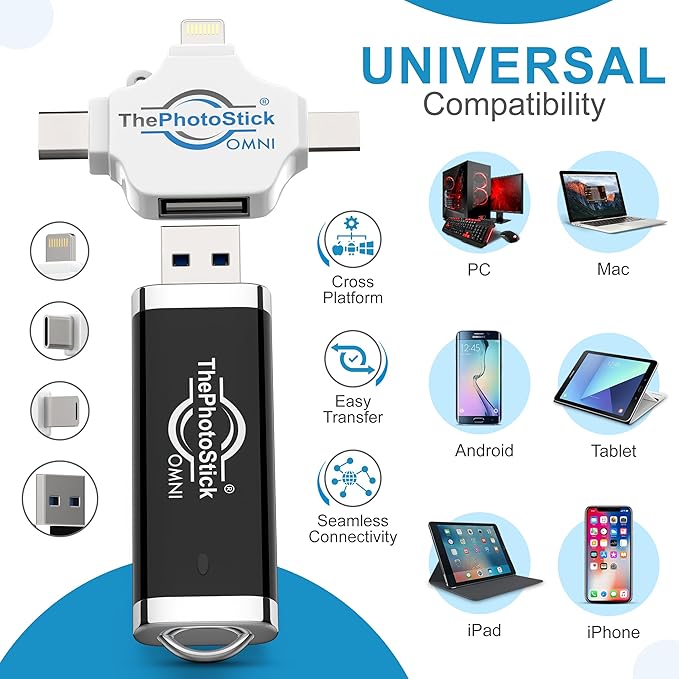 ThePhotoStick® Omni 128GB + Protective Case | Secure Photo & Video Backup and Transfer | Digital File Organization | USB & Multiport Connection for Phones, Tablets and Computers | Water Resistant Case