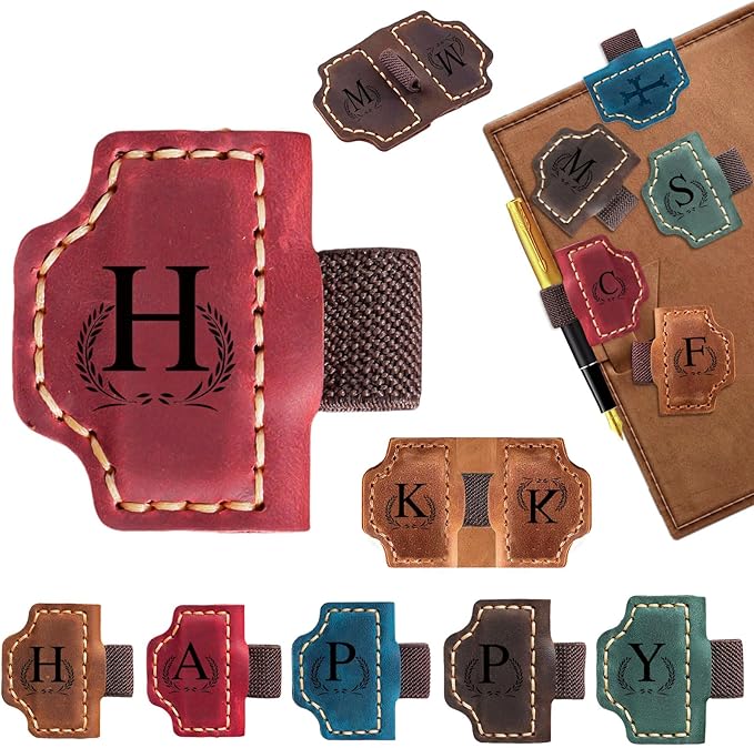 Custom Bygone Mark Bookmark with Pen Holder, 26 Letters Name Initial Personalized Magnetic Leather Bookmark, Gifts for Book Lovers, Readers, Travelers, Leather Book Marks (Wine Red, H)