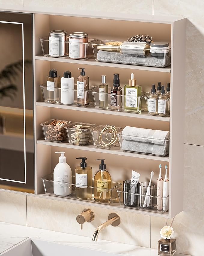 25 PCS Plastic Drawer Organizers Set, 4 Sizes Vanity Organizer, Makeup and Desk Drawer Organizer Trays, Organization and Storage for Makeup, Bathroom, Kitchen Utensils and Office (Clear)