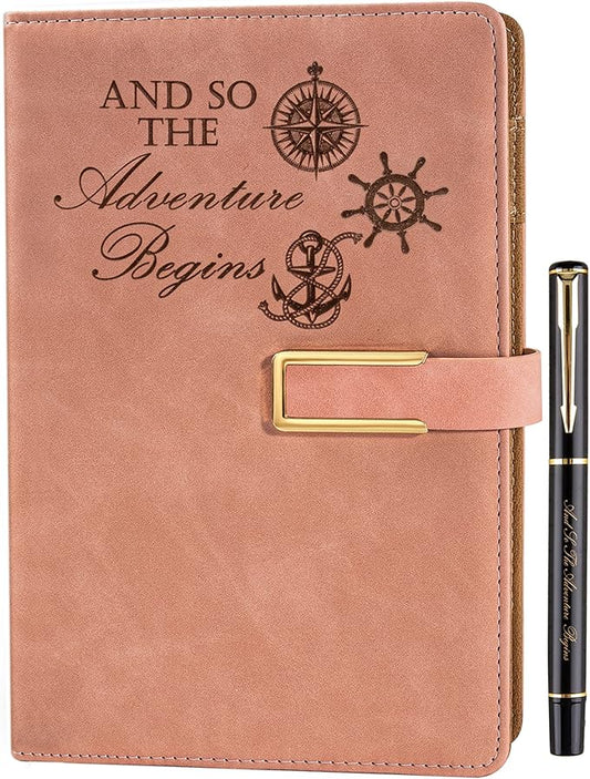 Fanery Sue Refillable Adventure Travel Journal For Women & Men Faux Leather Hardcover A5 Travel Notebook College Ruled 200 Lined Pages Lay-Flat Diary With Pen & Magnetic Buckle(Adventure - Pink)