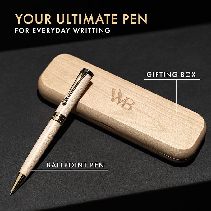 Wordsworth and Black Ballpoint Pen Set - Stunning Luxury Pen Bamboo Maplewood Gold Finish, Refillable, Best Ball Pen for Men & Women, Black Ink Refill, Elegant, Point Pen