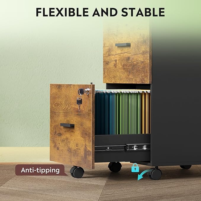 DEVAISE 3 Drawer Rolling File Cabinet with Lock, Wood Filing Cabinet fits Letter / A4 Size for Home Office, Rustic Brown