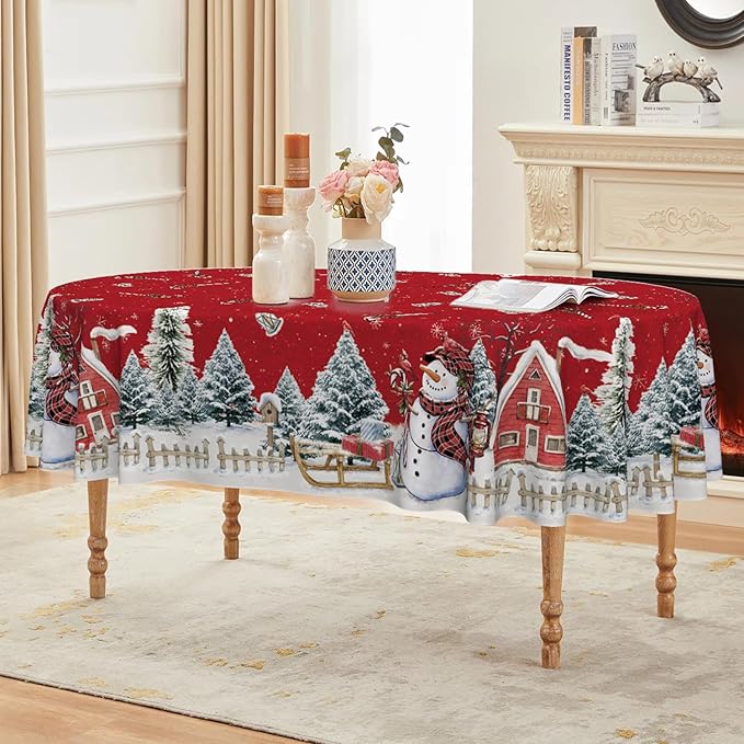 Horaldaily Christmas Tablecloth 60×84 Inch Oval, Winter Snowman House Christmas Trees Red Washable Table Cover for Party Picnic Dinner Decor