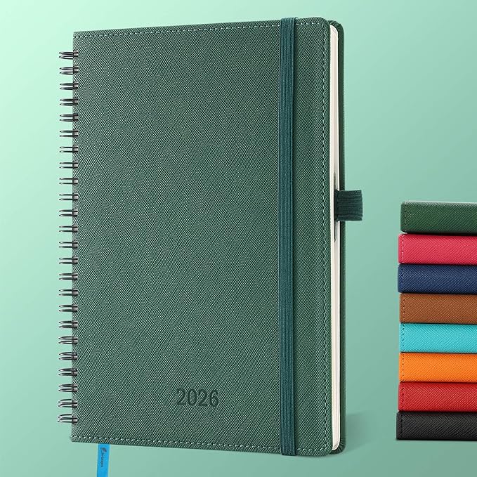 Planner 2026 Daily Weekly and Monthly,8.5"x6.5",12 Months Spiral Bound Calendar Agenda with Self-adhesive Pen Holder,2026 Appointment Book with Vegan Leather Soft Cover,Green