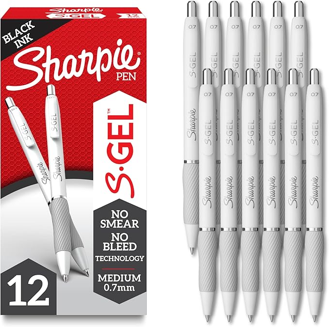 Sharpie S-Gel Gel Pens, Pearl White Body, Black Ink, Medium Point (0.7mm), 12 Count - For Journaling, Writing, Note-Taking, School, Office Supplies
