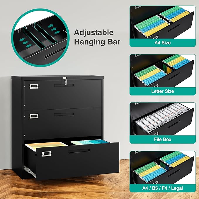 SISESOL 3 Drawer Lateral File Cabinet with Lock,Black Lateral Filing Cabinet,Horizontal Metal Filing Cabinet,Locked Wide Three Drawer File Cabinet for Office Home,Fit A4/F4/Letter/Legal File