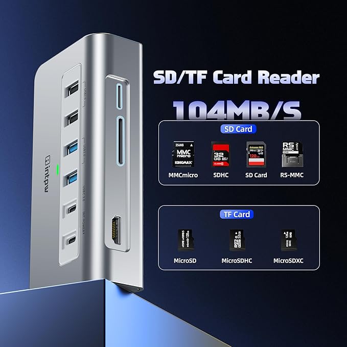 USB C Hub, INTPW 9-in-1 USB C Hub Multiport Adapter with 4K HDMI, PD 100W, Type-C and 2 USB A 3.0 5Gbps, 2 USB A 2.0, SD/TF Card Reader, Aluminum USB Hub for Laptop, iPhone 16/15 Series, MacBook, iPad