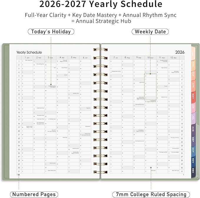 RETTACY 2026-2027 Monthly Planner, Jan 2026 - Dec 2027, Medium Size (5.7" x 8.3"), Agenda, Calendar, 24 Month Tabs, Flexible Plastic Cover, 100 GSM Thick Paper, Spiral-bound (Light Green)