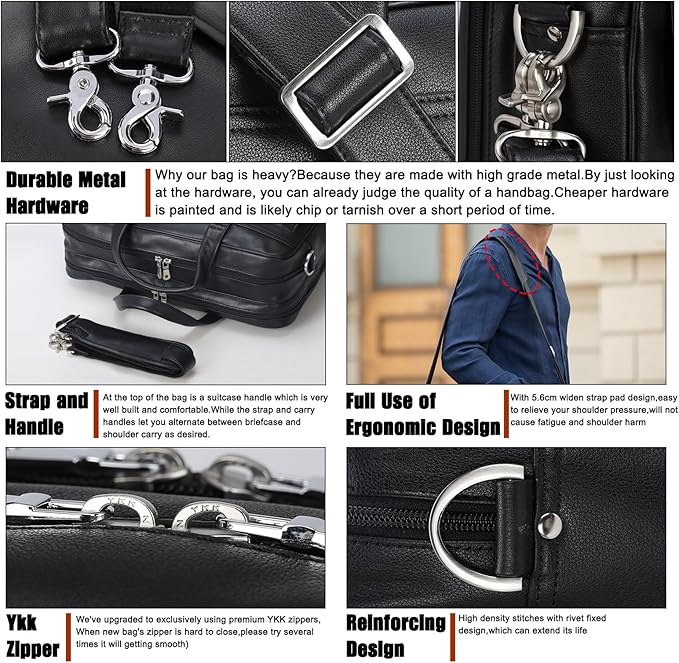 Masa Kawa Leather Briefcase for Men 15.6" - 17" Laptop Computer Case Business Travel Work Messenger Cross Body Shoulder Bag