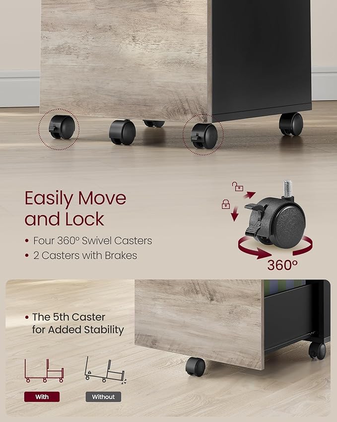 VASAGLE 2-Drawer File Cabinet, Small Rolling Filing Cabinet for Home Office, Printer Stand, for A4, Letter-Size Documents, 15.7 x 16.5 x 27.6 Inches, Heather Greige and Ink Black UOFC040B02