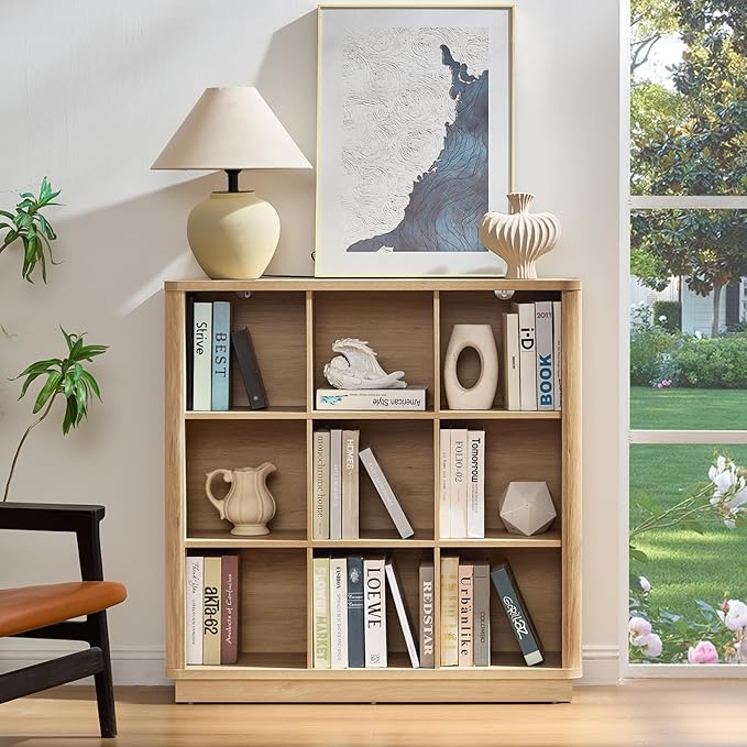 9 Cube Storage Book Shelf, 41" Tall Organizer Bookshelf with Curved Edge, Floor Standing 3-Tier Wood Cubby Bookcase with Base, Modern Display Book Case for Living Room, Home Office,Natural Oak