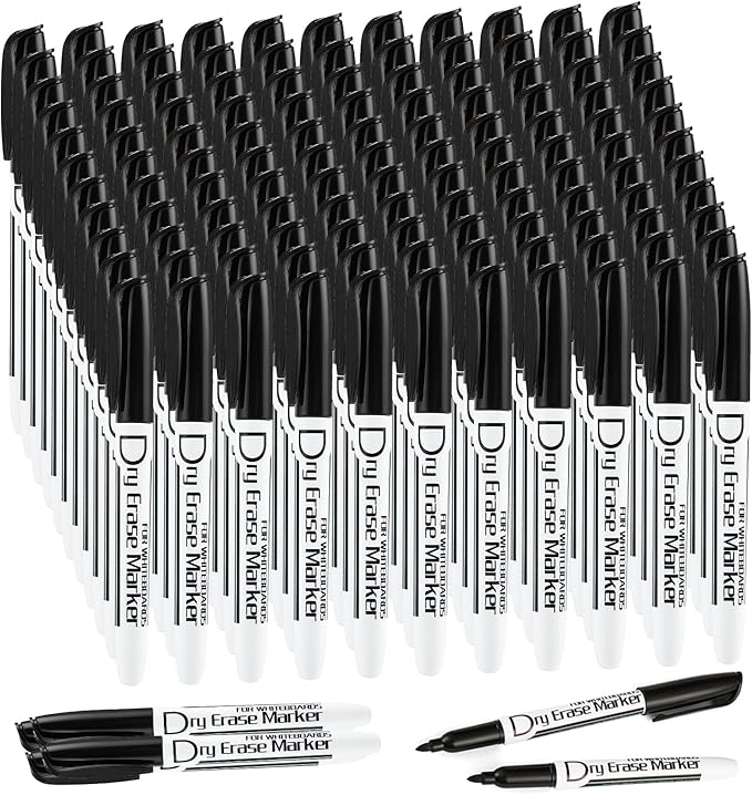 Volcanics Black Dry Erase Markers Low Odor Fine Whiteboard Markers Thin Box of 125