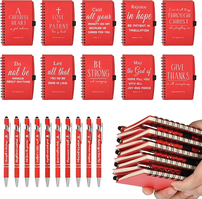 INSADA Christian Prayer Journal Spiral Red Notebooks Bulk with Pens- Small Notepads (4.13”x5.43”) - Christmas Gifts for women, Church Members & Bible Study Groups (30 Sets Red)
