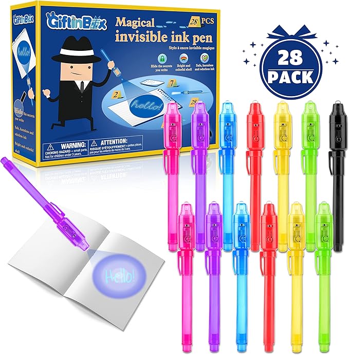 GIFTINBOX Invisible Ink Pen, 28PCS Spy Pen with UV Light for Kids, Birthday Party Favors for Kids 4-8 8-12, Classroom Prize for Students Magic Marker for Secret Message