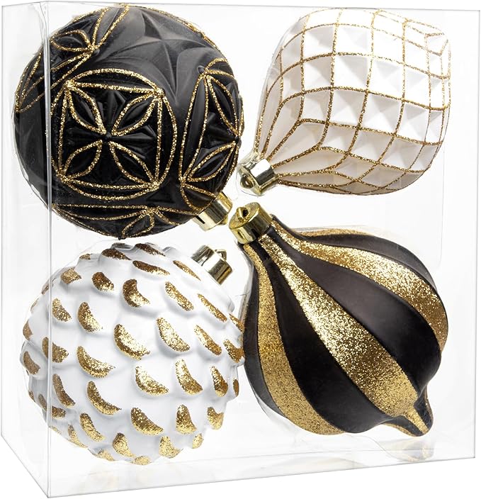 Hollyone 4.7 Inch Large Black and White and Gold Christmas Ornaments 4Pcs Balls Shatterproof Christmas Hanging Ornaments for Xmas Tree Decor Wedding Party Wreath Home Decor (Black & Gold, 120mm)