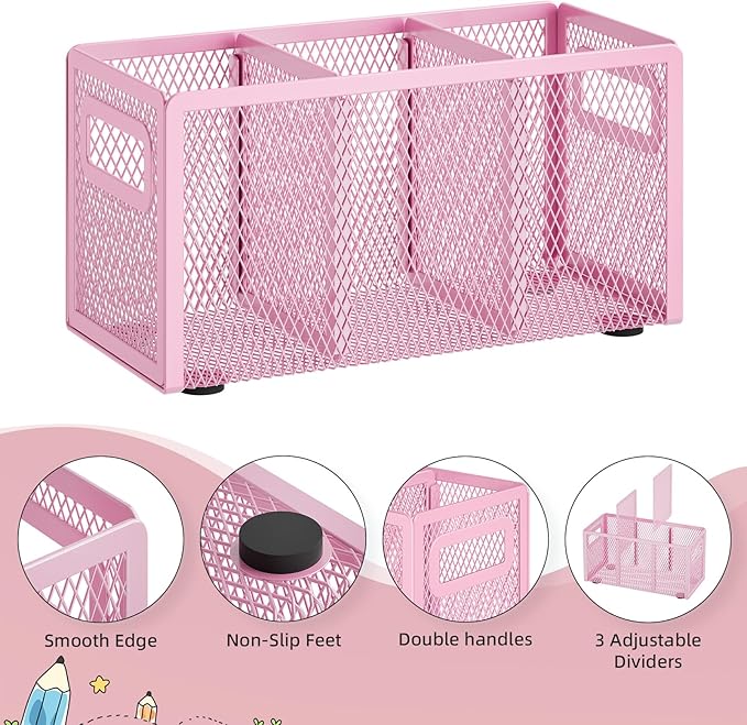 Marbrasse Mesh Pen Holder for Desk,Pencil Holder Desk Organizer 3 Adjustable Compartments,Pencil Cup with Handle Perfect for Classroom, Office, Home,Makeup,Art (Pink)
