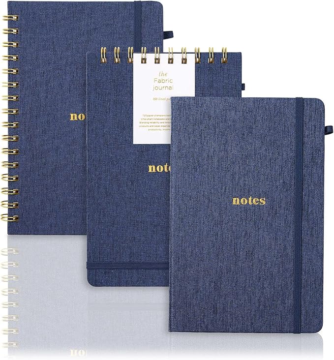 A5 Lined Journal Notebook – Hardcover Fabric Cover 160 Pages 100 GSM Thick Paper With Elastic Band & Pen Holder College Ruled Writing Notebooks for Work School Travel 3pack Dark Blue Set