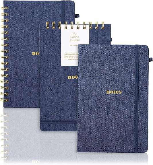 A5 Lined Journal Notebook – Hardcover Fabric Cover 160 Pages 100 GSM Thick Paper With Elastic Band & Pen Holder College Ruled Writing Notebooks for Work School Travel 3pack Dark Blue Set