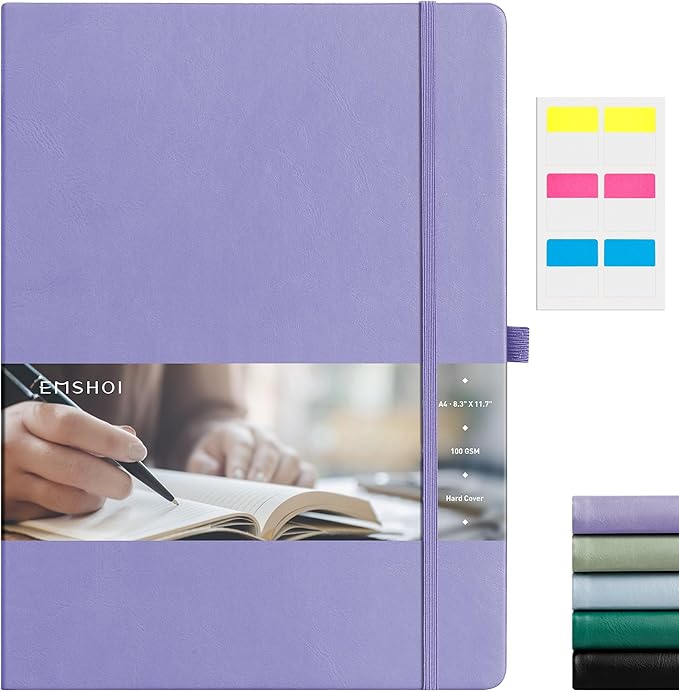 EMSHOI Notebook College Ruled - A4 Hardcover Leather Lined Journal, 192 Pages 100GSM Thick Paper, Large Diary for Women Men Work, School, Journaling, Writing - 8.3" x 11.7" - Light Purple