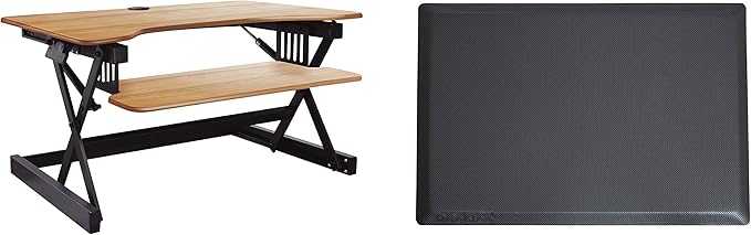 Rocelco 32" Height Adjustable Standing Desk Converter BUNDLE - Sit Stand Computer Workstation Riser with Anti Fatigue Mat - Dual Monitor Retractable Keyboard Tray - Teak Wood Grain (R EADRT-MAFM)