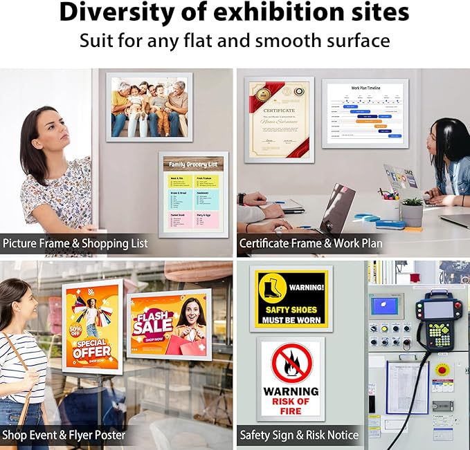 10Packs Magnetic Sign Holder 8.5 x 11, Self Adhesive Display Picture Frame with Magnetic Frame and Clear PVC for Office Store Home Door Window Refrige Magnetic Paper Holder, Silver