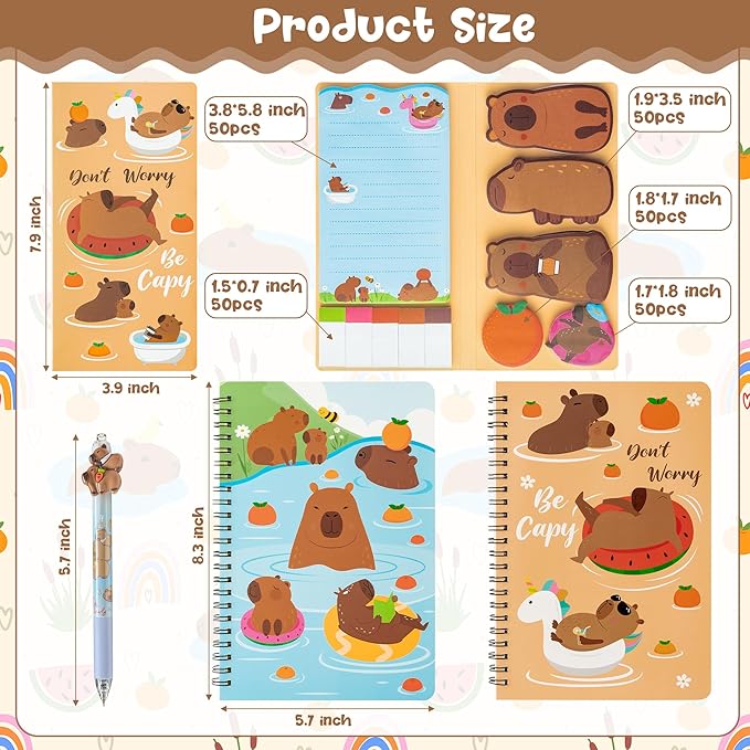 B1ykin Stationery Gift Set - 3Pcs Notebook Sticky Notes, Kawaii A5 Spiral Notebooks & 550 Sheets Cute Sticky Notes with Pens Kit for Office School Kids Students Birthday Supplies (Capybara)