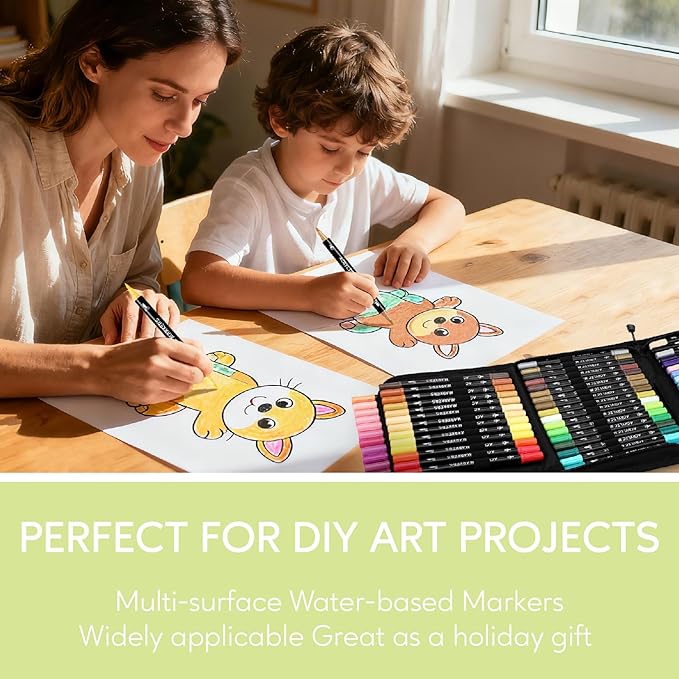 60 Colors Acrylic Paint Markers, Dual Tip with Fine Tip and Brush Tip Pens for Stone, Wood, Calligraphy, Canvas, Ceramic, Metal, Glass, Rock Painting, DIY Crafts Art Supplies Kit