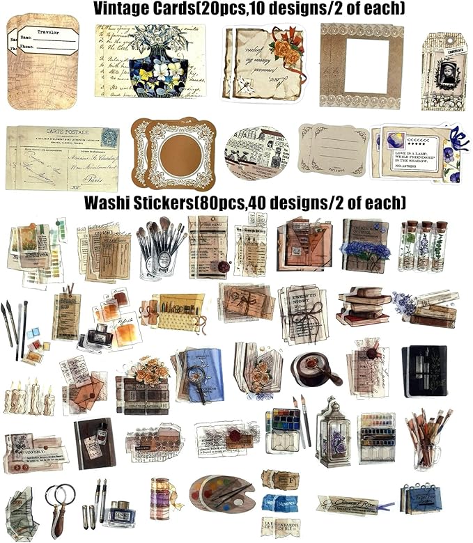 260PCS Vintage Journaling Scrapbooking Supplies Scrapbook Sticker Paper Ephemera Pack for Bullet Junk Journal Planners Collage Craft Notebooks Album (Pen Ink and Letter)