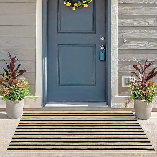 KIMODE Front Door Mats 24"x51", Machine Washable Farmhouse Front Porch Rug Decor, Striped Layered Door Mats Outdoor, Cotton Hand Woven Entryway Rug for Entry, Doorway, Kitchen Black and Khaki
