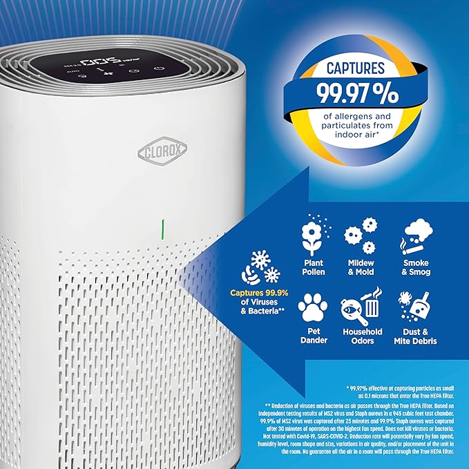 Clorox HEPA Air Purifiers for Home, True HEPA Filter, Medium Rooms Up to 1,000 Sq Ft, Removes 99.9% of Mold, Viruses, Wildfire Smoke, Allergens, Pet Allergies, Dust, AUTO Mode, Whisper Quiet