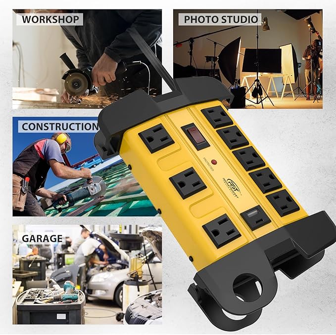 Heavy Duty Surge Protector Power Strip with USB-C Ports, CRST 8-Outlet Metal Industrial Power Block with 15A Circuit Breaker, 15ft Extension Cord, 1350 Joules for Workshop, Garage, Office, Shop…