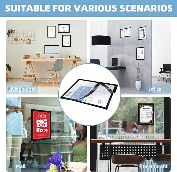 Magnetic Sign Holder 8.5 x 11-5Pcs Magnetic Frames for Refrigerator Double Sided Reusable Adhesive Frames for Walls Door Window Picture Photo Document Paper Poster Magnetic Display Frame
