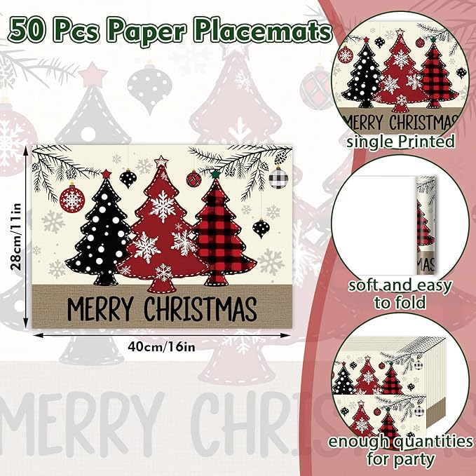 50 Pack Red and Black Buffalo Plaid Christmas Paper Placemats,16x 11 Inch Christmas Trees Disposable Placemats Seasonal Winter Xmas Holiday Table Mats for Kitchen Dining christas Party Supplies