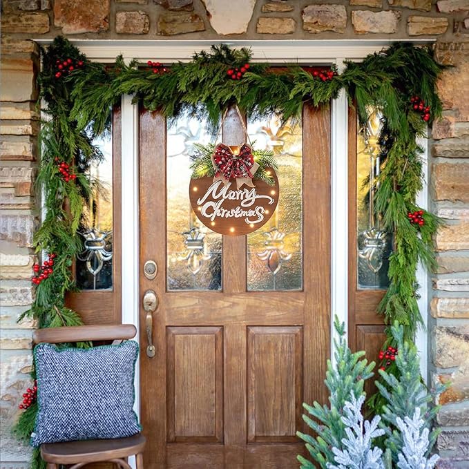HOMCDALY Merry Christmas Sign for Front Door, Wooden Hanging Sign Door Decoration with 12 LED Light, Winter Welcome Wreath indoor outdoor Décor, Christmas Decoration.