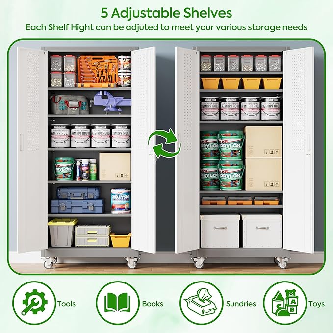 Aobabo Upgraded Garage Storage Cabinets with Wheels,Metal Storage Cabinets with 5 Adjustable Shelves for Garage Home Office Storage, Grey&White,71''H*32''W*16''D,Assembly Required