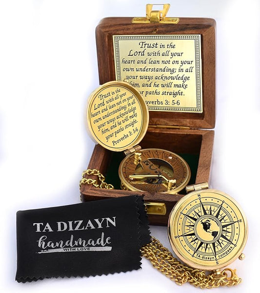 Trust in The Lord With All Your Heart - Proverbs 3:5-6 Quote Engraved Compass With Wooden Box, Greeting Card, Gift Compass, Graduation Day Gifts 2024 for Women Men Boys Girls