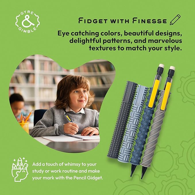 Gyre & Gimble Pencil Gidgets – Textured Silicone Pencil Sleeve for Quiet Fidgeting – Transform Your Mechanical Pencil into a Sensory ADHD Tool for Kids and Adults – 4 Sleeves & 2 Pencils - Gray