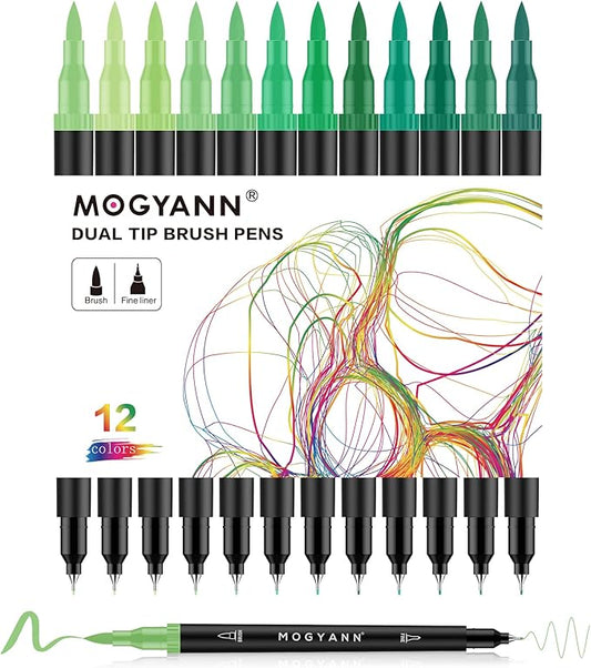 Mogyann Green Markers, 12 Pack Dual Brush Pens Drawing Markers for Art Sketching