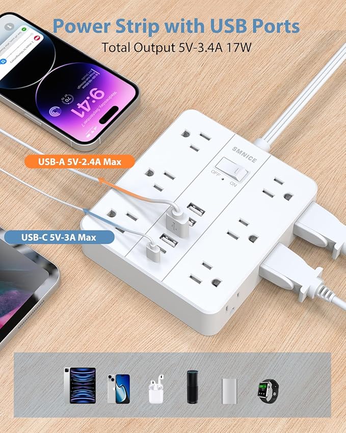 Power Strip Surge Protector 23ft Extension Cord,SMNICE Flat Plug with 12 Outlets 6 USB(2 USB C),Surge Protector Charging Station with Overload Protection for Home, Dorm,Office
